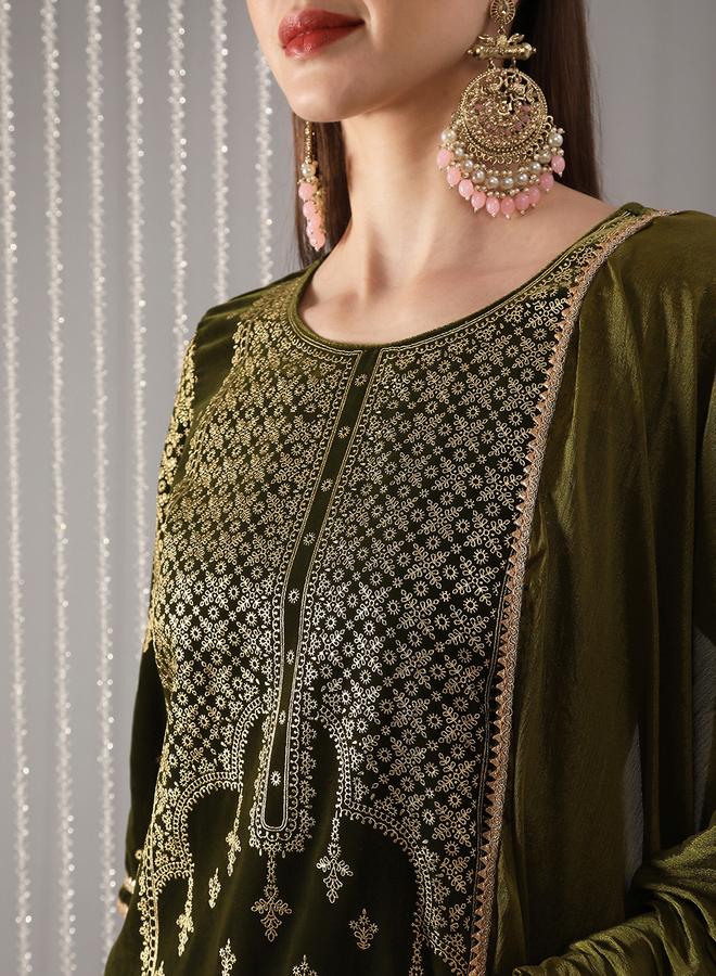 globus Women Green Ethnic Print Straight Kurta with Pant and Dupatta Set - Image 3